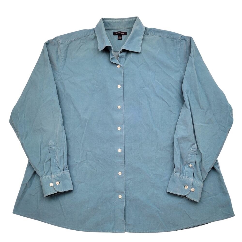 Lands' End Pinwale Corduroy Button Up Shirt 2X Turquoise Blue Coastal Fall Layer